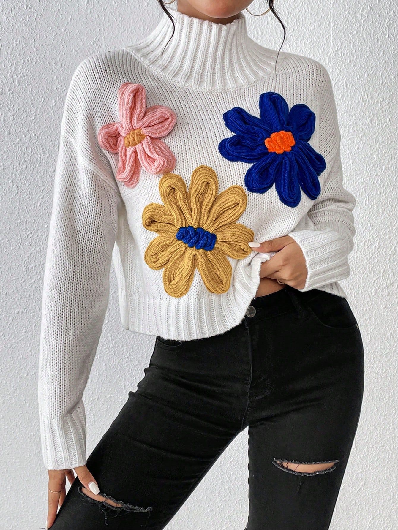 SHEIN Frenchy Floral Pattern Mock Neck Drop Shoulder Sweater | SHEIN
