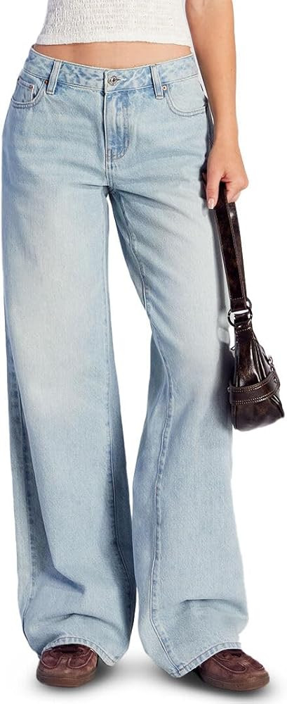 PacSun Women's Casey Button Pocket Low Rise Baggy Jeans Light Indigo | Amazon (US)