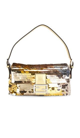 FWRD Renew Fendi Sequin Paillettes Vitello Laminato Baguette Shoulder Bag in Metallic Gold. | Revolve Clothing (Global)