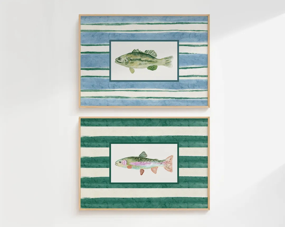 Watercolor Fish Wall Art Bundle, Fishing Posters Set of 2, Trendy Vintage Fish Decor, Lake House ... | Etsy (US)