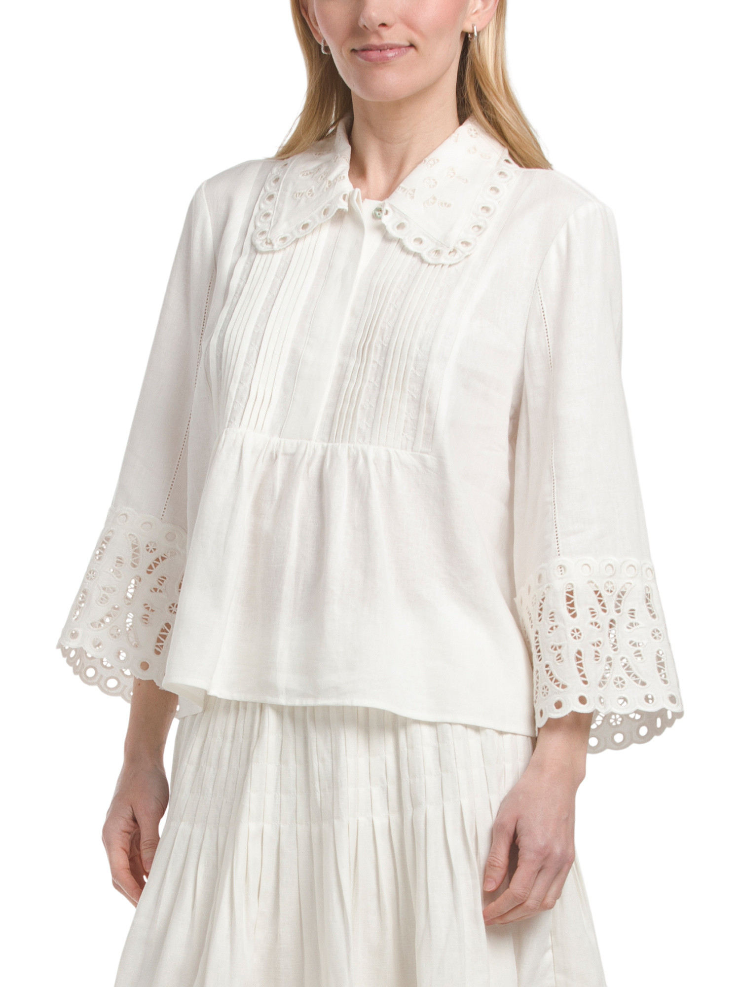 Linen Blend White Wide Collar Top And Skirt Collection | TJ Maxx
