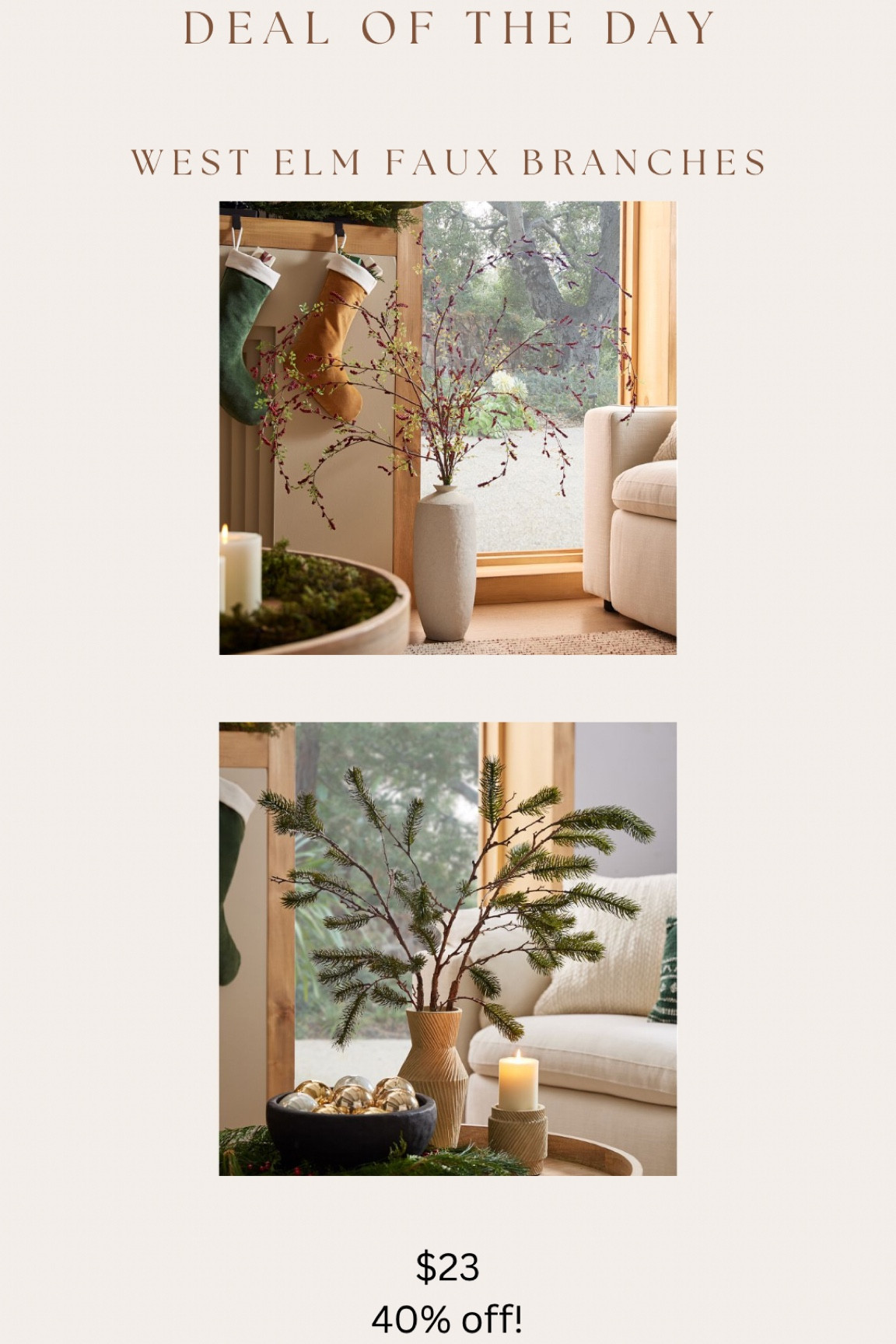 Two Christmas west elm faux branches are 40% off right now 😍😍😍

#LTKHoliday #LTKsalealert #LTKSeasonal