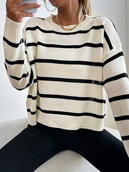 GORGLITTER Women's Striped Drop Shoulder Sweater Long Sleeve Round Neck Pullover Top | Amazon (US)