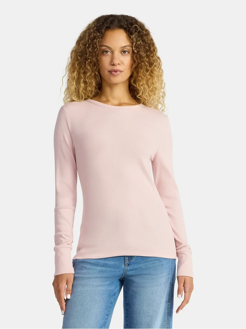 Time and Tru Women's Rib Tee with Long Sleeves, Size XS-XXXL | Walmart (US)