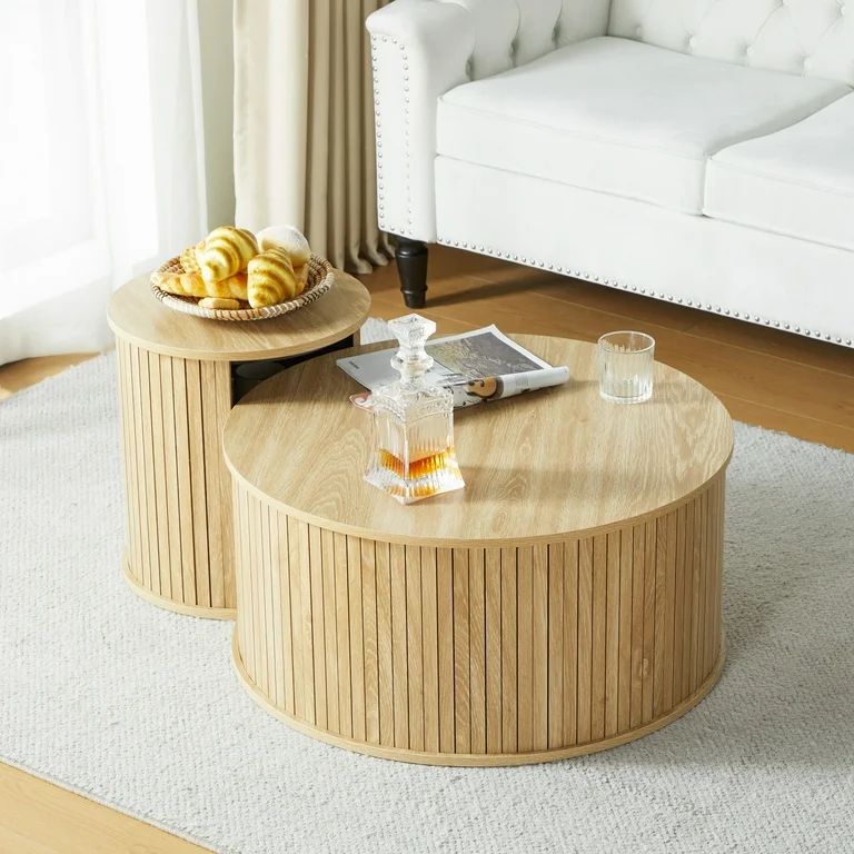PHOYAL Round Coffee Table Sets 2 Pieces, Wood Coffee Table with Storage, Natural - Walmart.com | Walmart (US)