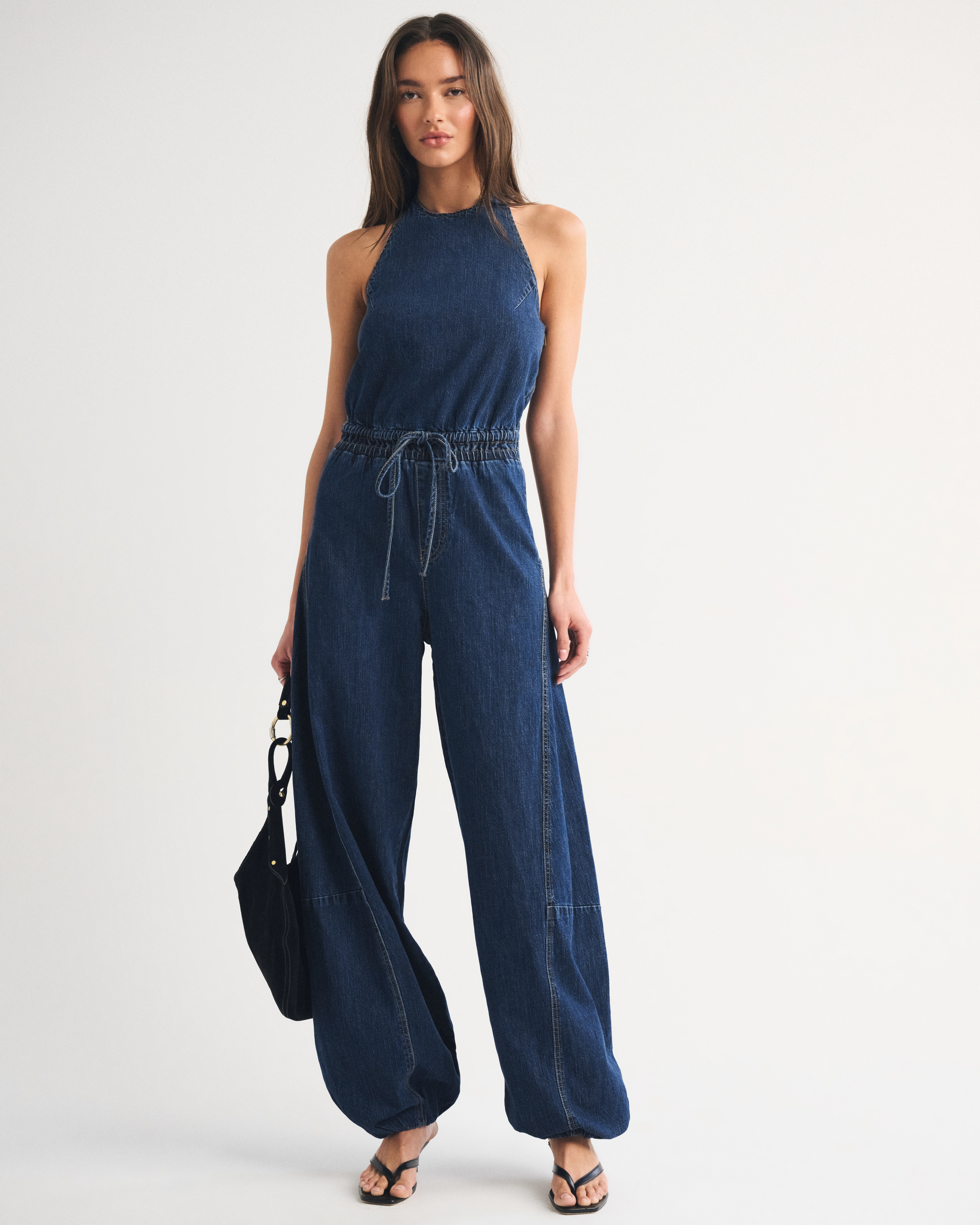 High-Neck Linen-Blend Denim Balloon Leg Jumpsuit | Abercrombie & Fitch (US)