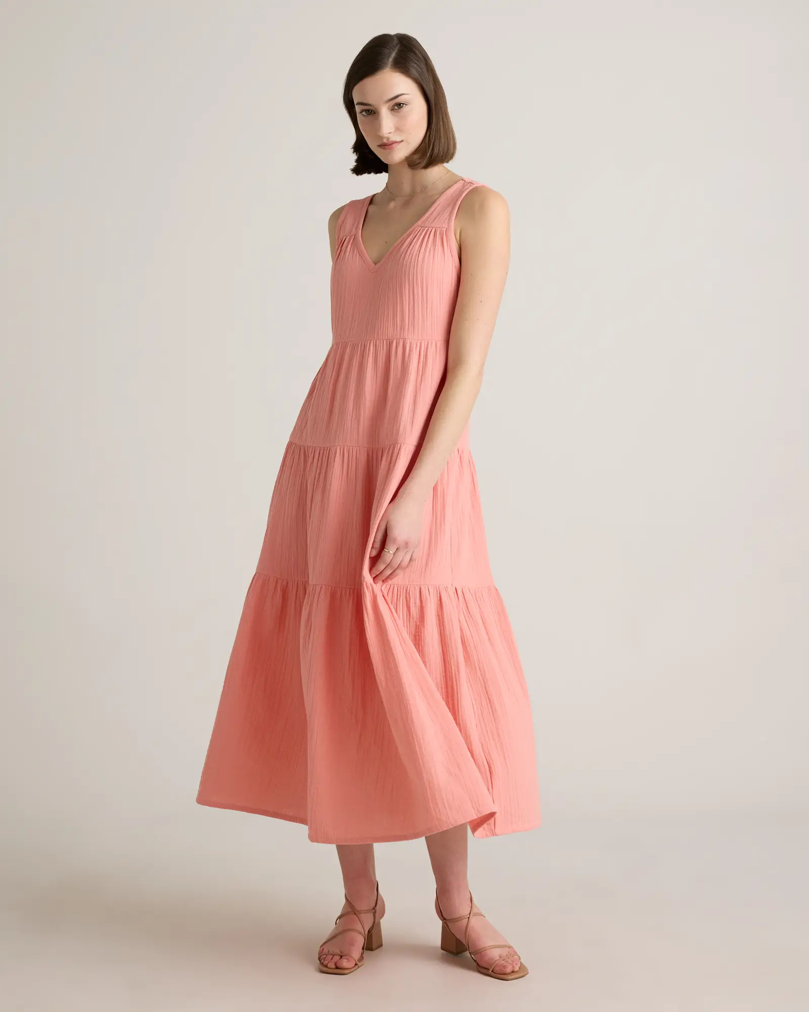 100% Organic Cotton Gauze Tiered Maxi Dress in Coral Blush | Quince