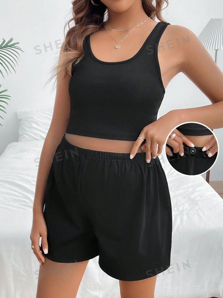 SHEIN Maternity Short Tank Top And Adjustable Waist Shorts Set | SHEIN