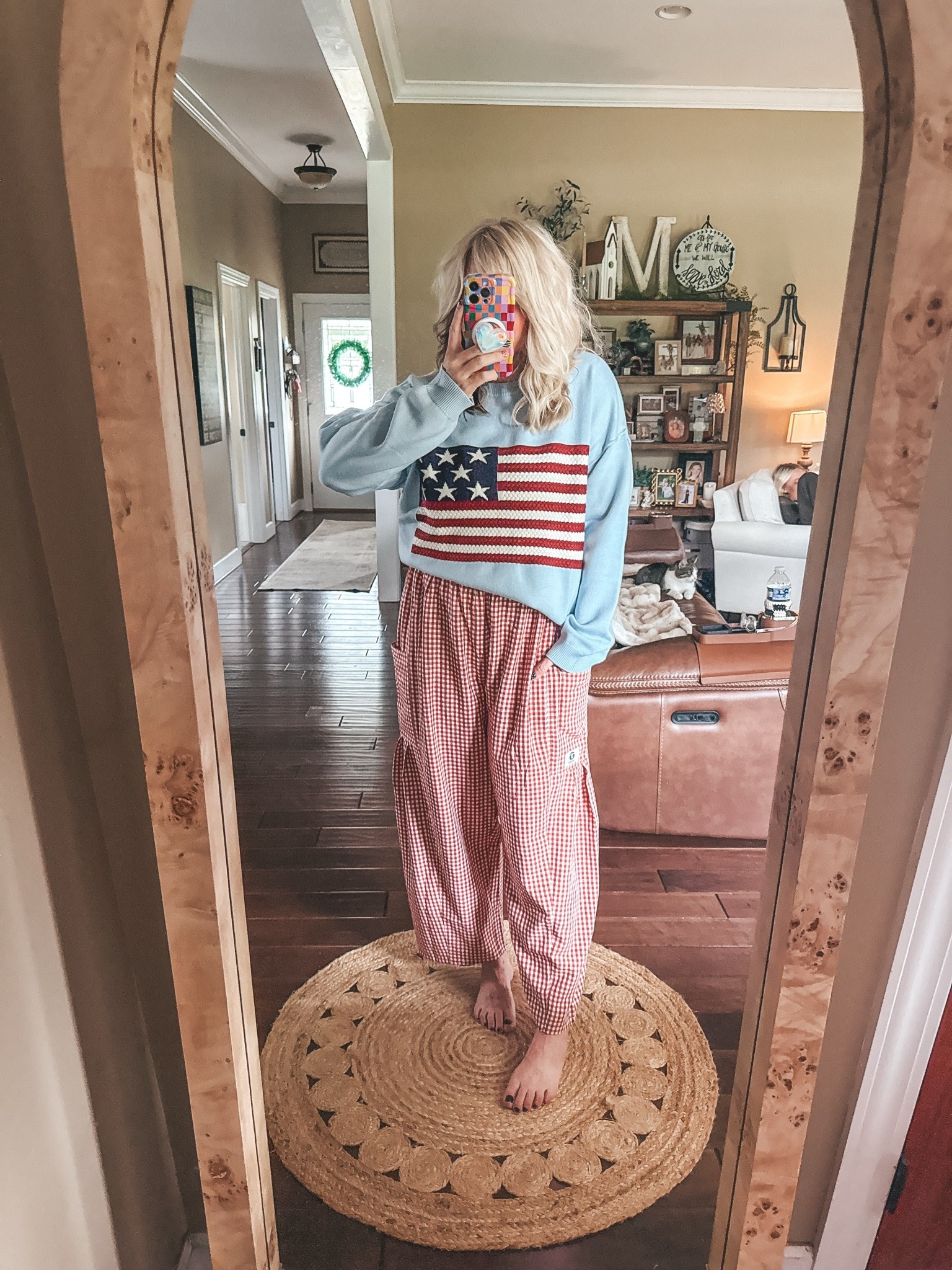 American flag sweater is a medium
Pants are a medium
Love this sweater! 🇺🇸