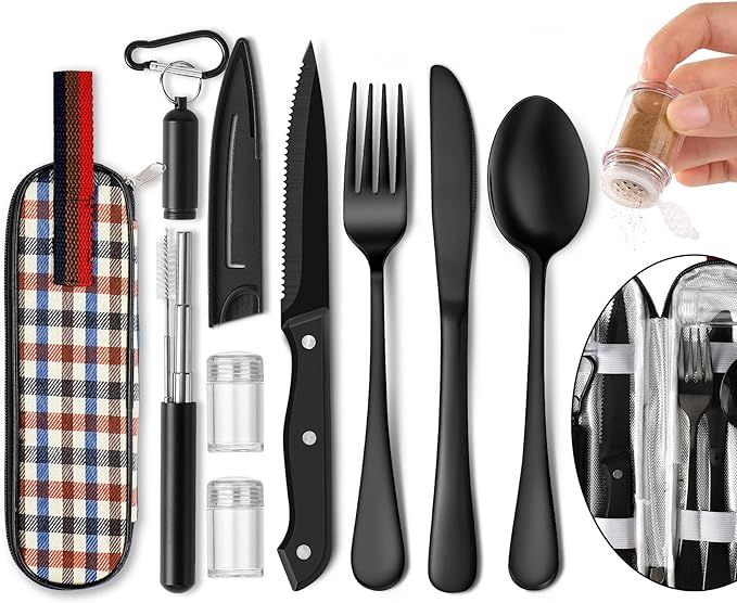 Portable Travel Utensils Set, Travel Camping Cutlery Set, Reusable Stainless Steel Flatware Set w... | Amazon (US)