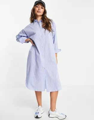 Mango button front shirt midi dress in blue stripe | ASOS (Global)
