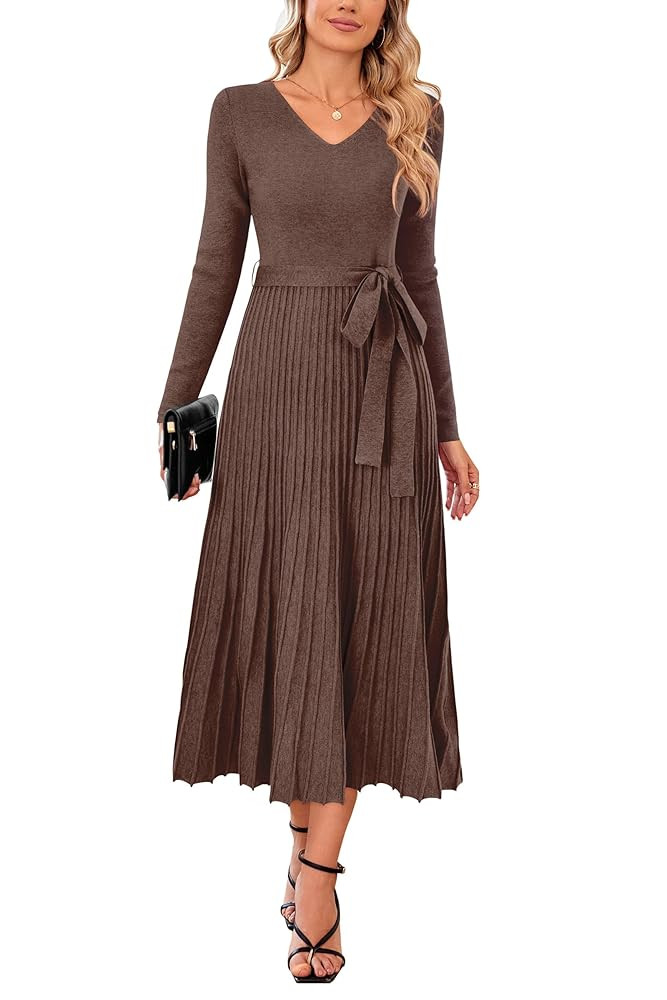 Arach&Cloz Women's Wool Blend Tie Waist Pleated Fall Sweater Dress 2025 | Amazon (US)