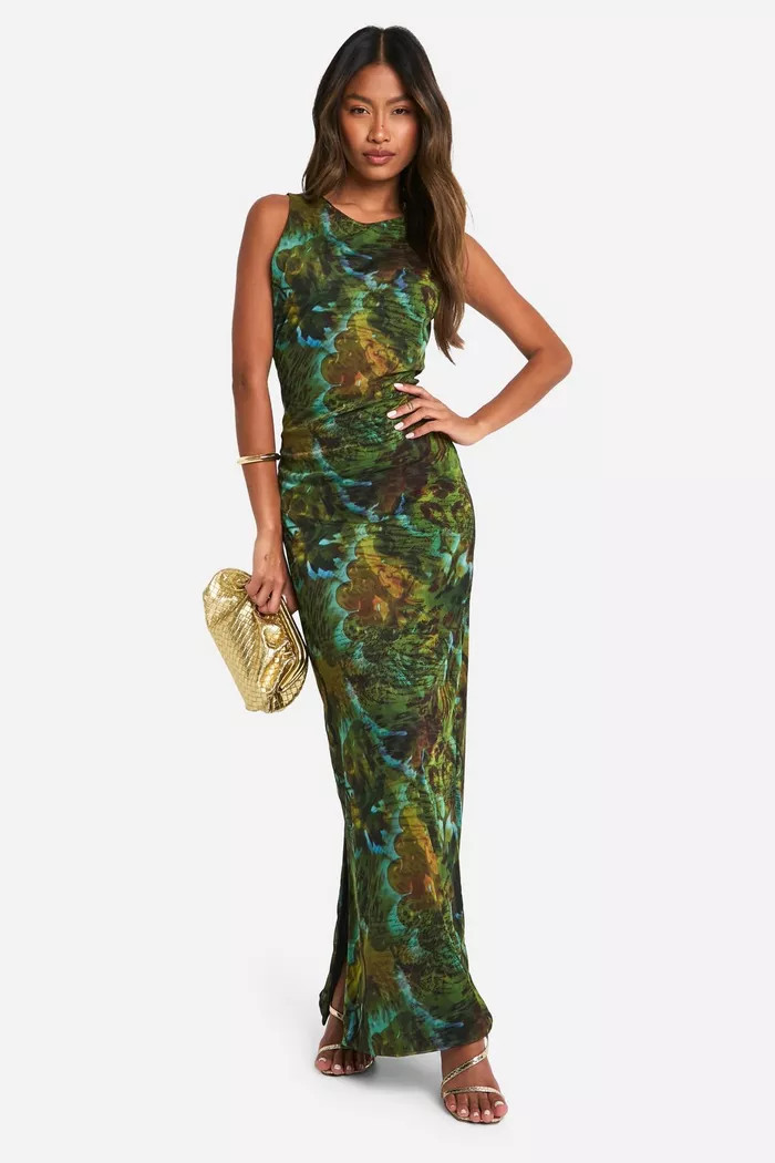Script Print Mesh Racer Neck Maxi Dress | boohoo (US & Canada)