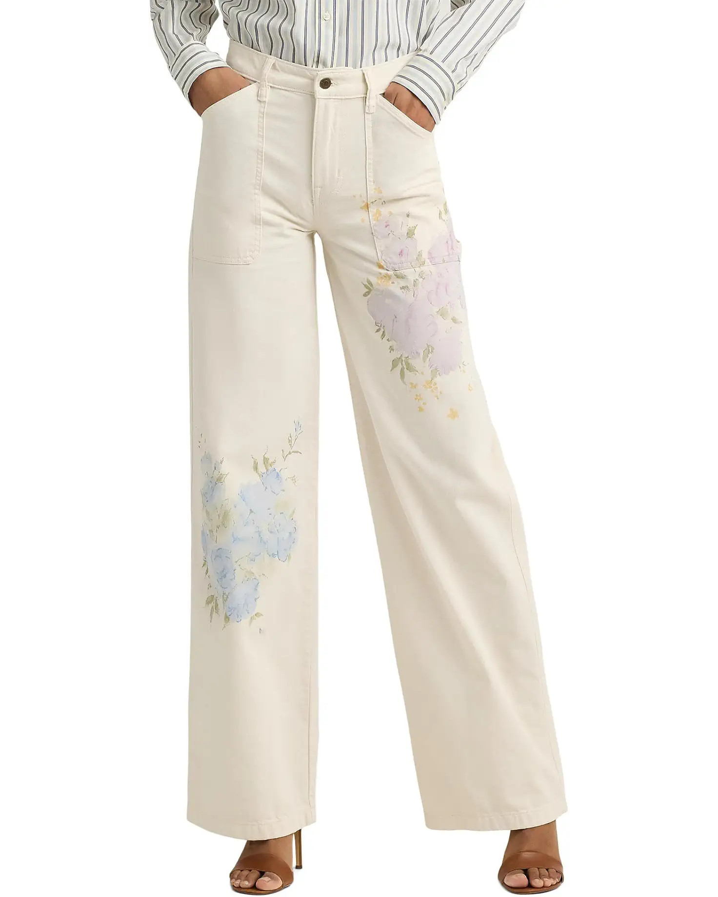 LAUREN Ralph Lauren Floral High-Rise Wide-Leg Jeans in Mascarpone Cream Wash | Zappos