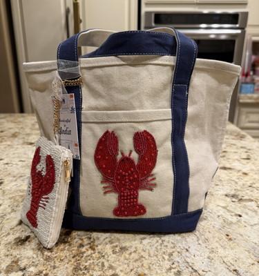 Viral Beige/Blue Beaded Lobster Tote Bag w/ matching beaded lobster coin purse. | eBay | eBay US