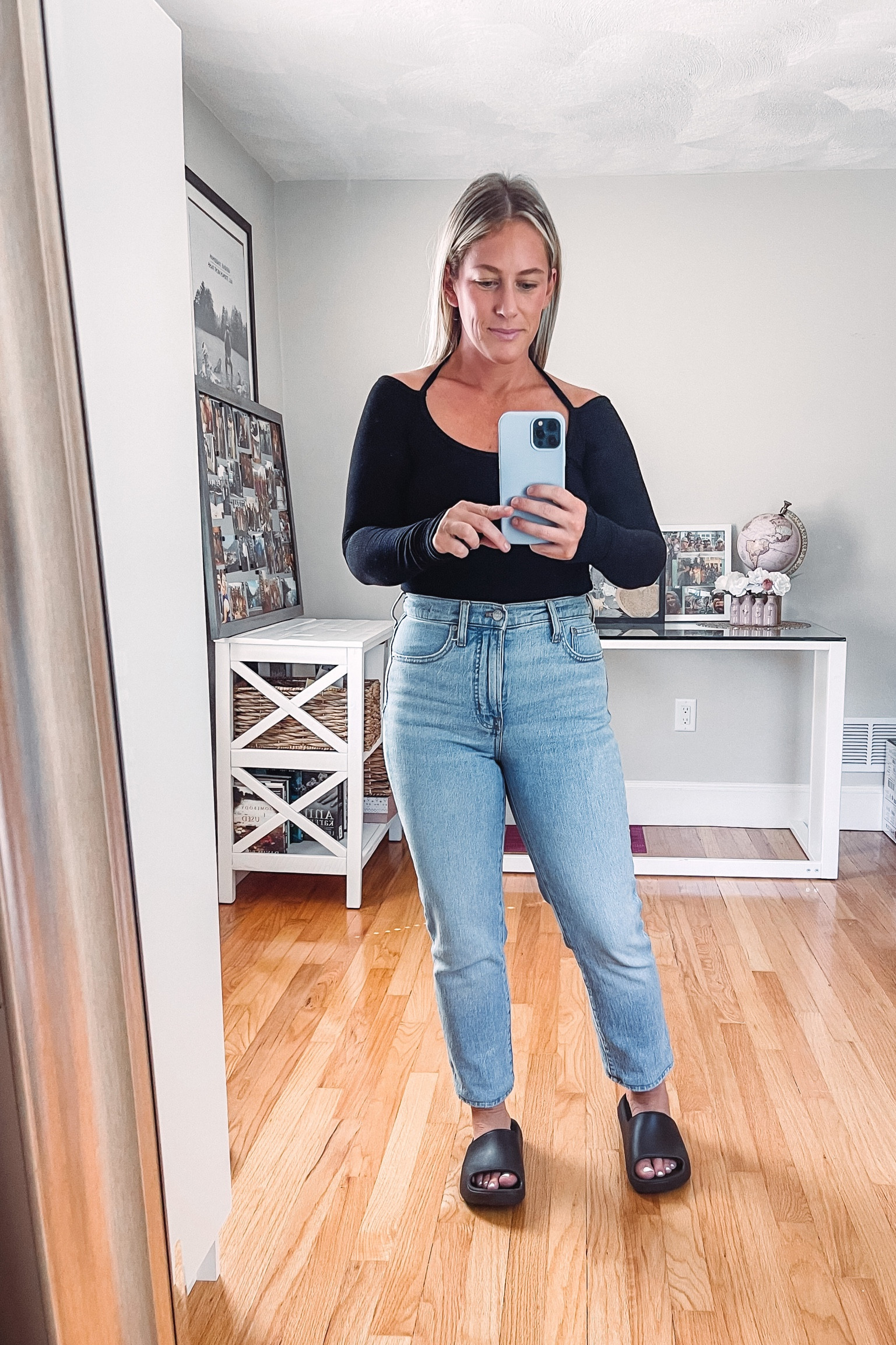Super soft stretchy long sleeve off the shoulder with a unique halter strap: can be worn dressed up, casual, or as an athleisure type look. Wearing M. Size up if you want to wear the strap around neck. 
Madewell vintage straight leg denim
Target slides

#LTKshoecrush #LTKSale #LTKfitness