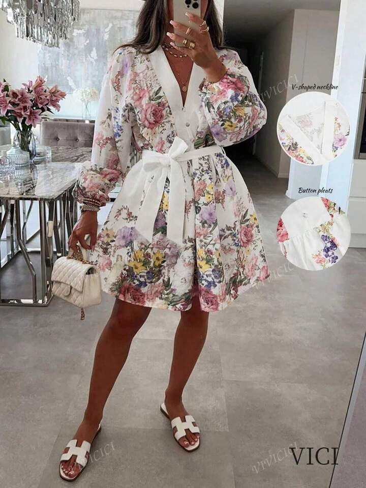 New Women's Casual Vacation Flower Print V-Neck Long-Sleeved Short Women's Dress | SHEIN
