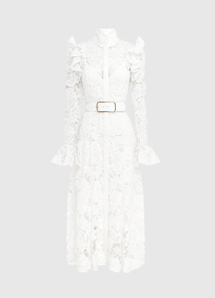 Aliyah Lace Butterfly Sleeve Midi Dress - Snow | LEO LIN