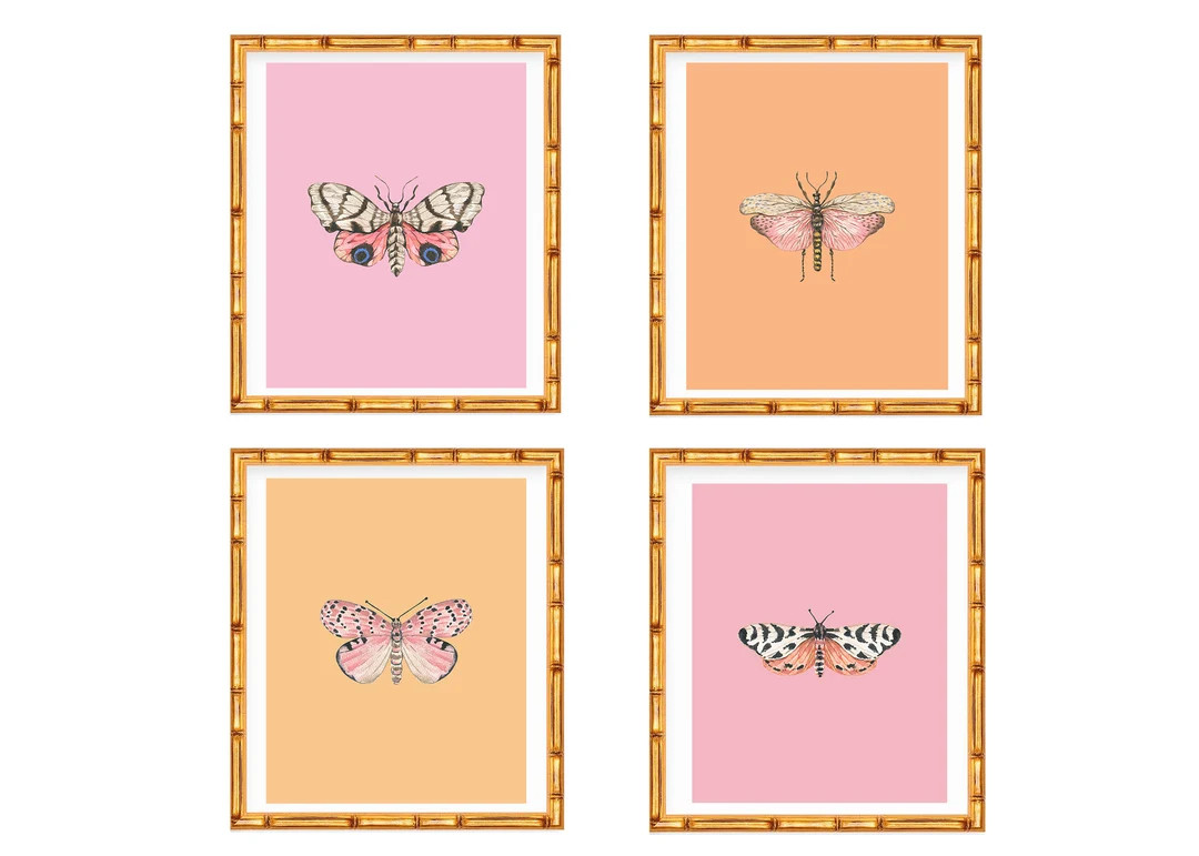 Four Art Prints Chinoiserie Butterfly and Moth on Pink and Orange // Nursery Decor // Girls Room ... | Etsy (US)