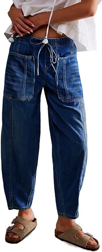 Women's Wide Leg Baggy Jeans Elastic Low Rise Barrel Jean Loose Boyfriend Denim Pants with Drawst... | Amazon (US)