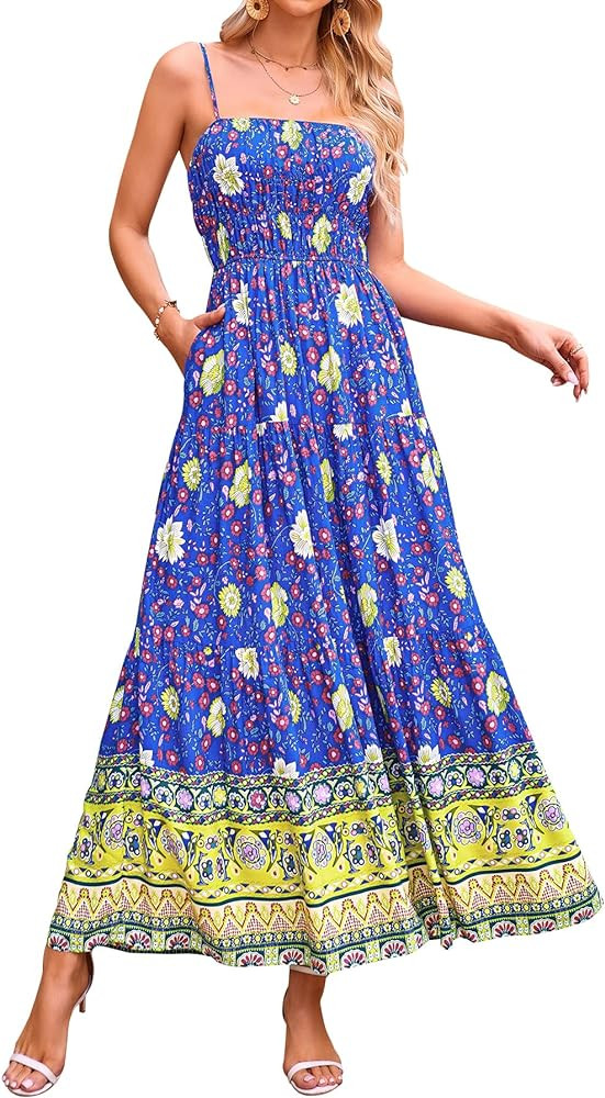 CFLONGE Summer Dresses for Women 2024 Beach Sleeveless Vintage Floral Boho Dress Adjustable Strap... | Amazon (US)