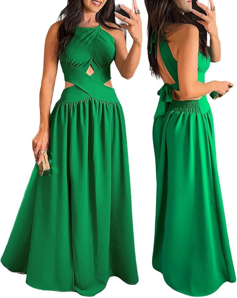 CHICME Women's Sleeveless Halter Neck Dress Criss Cross Tie Back Split High Maxi Dress | Amazon (US)