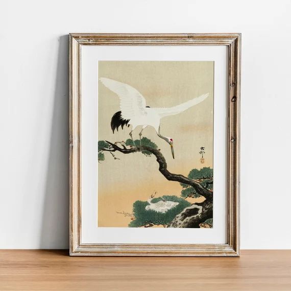 Crane Print, Antique Space Painting, Vintage Drawing Poster Wall Art, Japanese crane, litographs,... | Etsy (US)