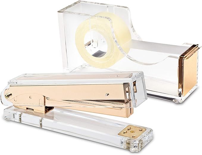 Set of Stapler and Tape Dispenser Desk Swag Brand : Desk Swag Acrylic Gold Stapler and Tape Dispe... | Amazon (US)