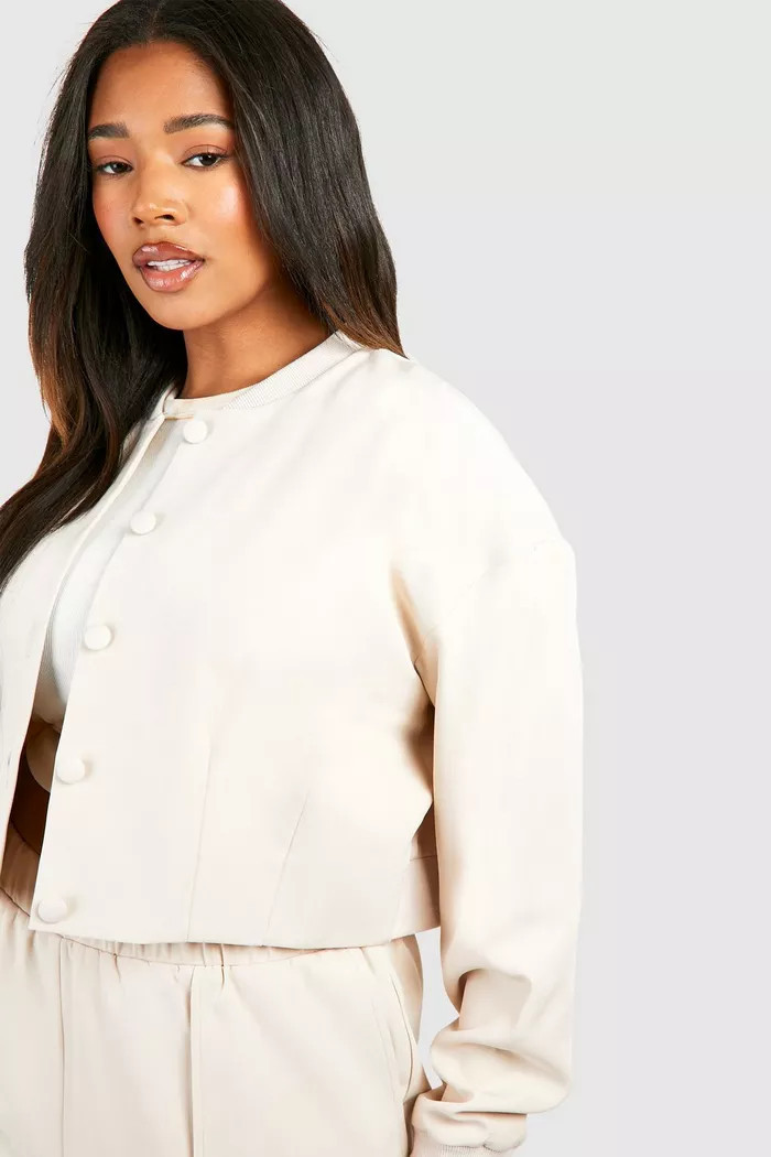 Plus Tailored Relaxed Fit Popper Bomber Jacket | boohoo (US & Canada)