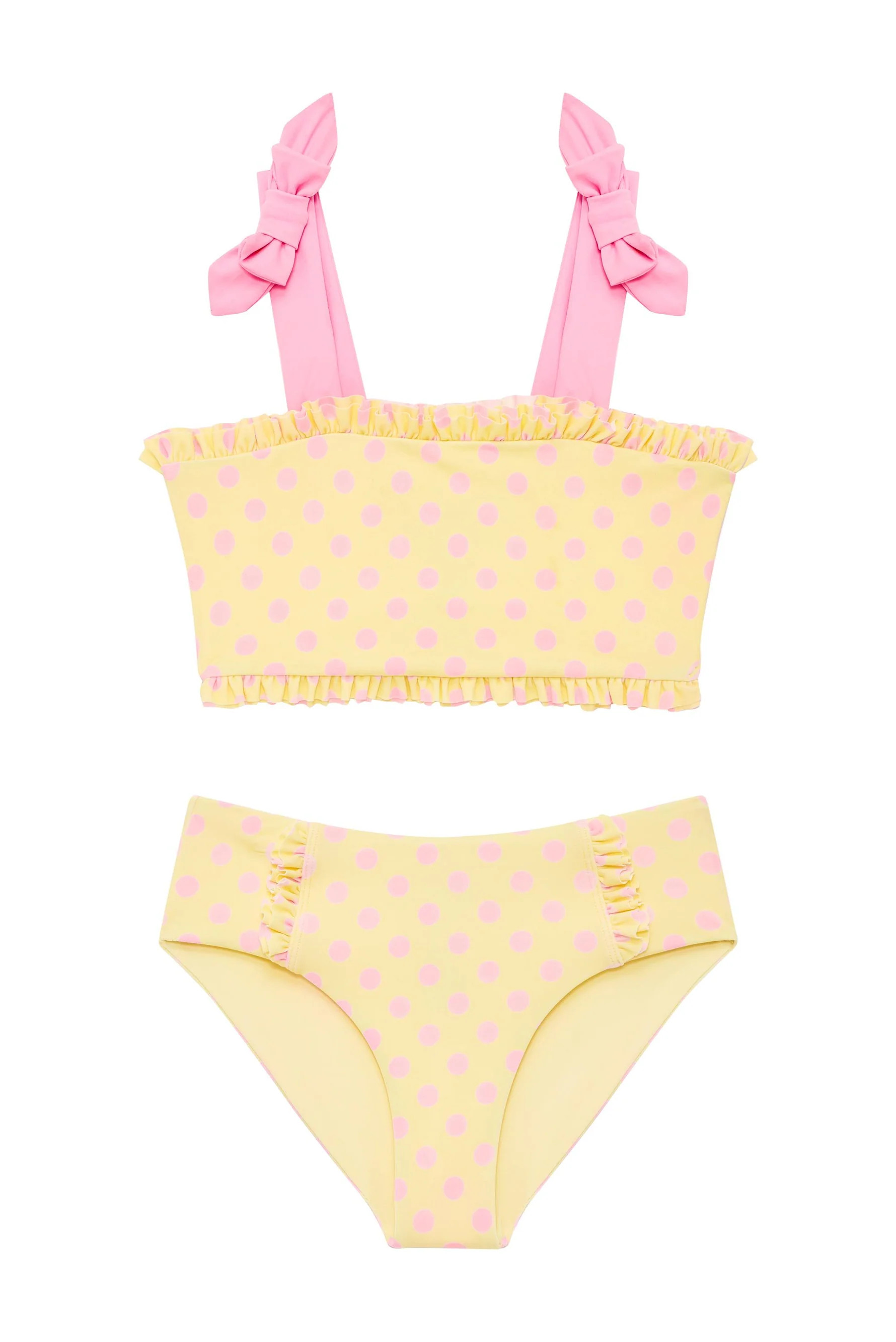 Little Ariane & Zadie Set Yellow Taffy | Girls Yellow Pink Polka Dot Swim Set | Beach Riot | Beach Riot