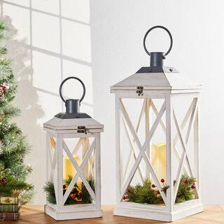 Glitzhome Wash White Farmhouse Modern Wooden Lanterns (Set of 2) | The Home Depot
