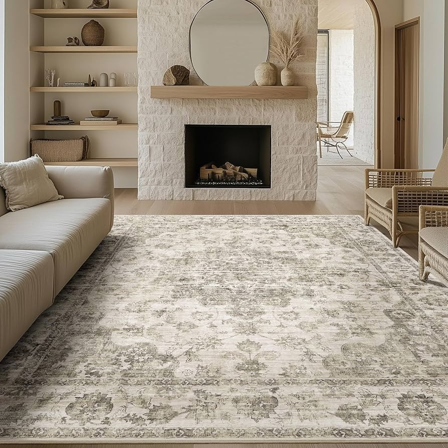 9x12 Washable Neutral Area Rug Taupe Floral Living Room Bedroom Large Carpet Non-Slip Low Pile Vi... | Amazon (US)