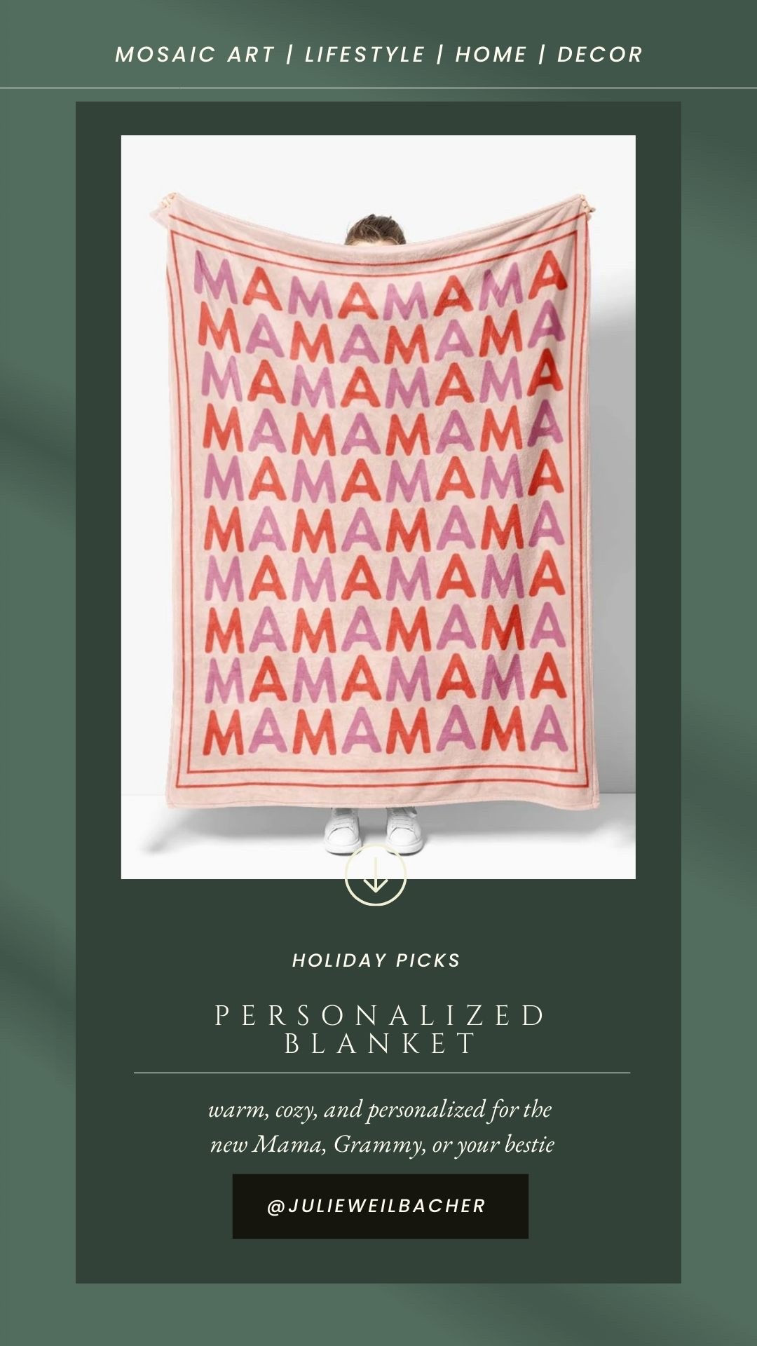 This is an adorable, personalized blanket to keep the new Mama and baby, Grammy, or your bestie warm and snuggly all winter long. I love the modern, name block design. So many fun colorways available too!

And if you have an artist on your list, this would be fun to personalize with their name or an inspiring word of the year to keep them warm in their studio as they create. For mosaic tips, tutorials + inspiration please visit my YouTube channel: YouTube.com/julieweilbacher. Follow @julieweilbacher on Instagram for all things mosaic art.

#personalizedgifts #personalizedblanket #nameblanket #giftsformom #giftsfornewmoms #giftsforgrandmas #giftsforwinter #personalizednamegifts #mosaic #warmgifts

#LTKFindsUnder100 #LTKGiftGuide #LTKHome
