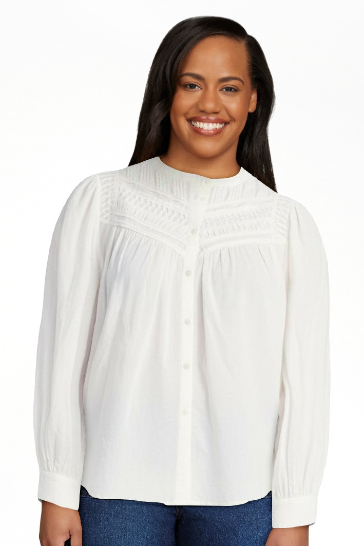 Time and Tru Women's Textured Yoke Cotton Blouse with Long Puff Sleeves, Sizes XS-XXXL | Walmart (US)