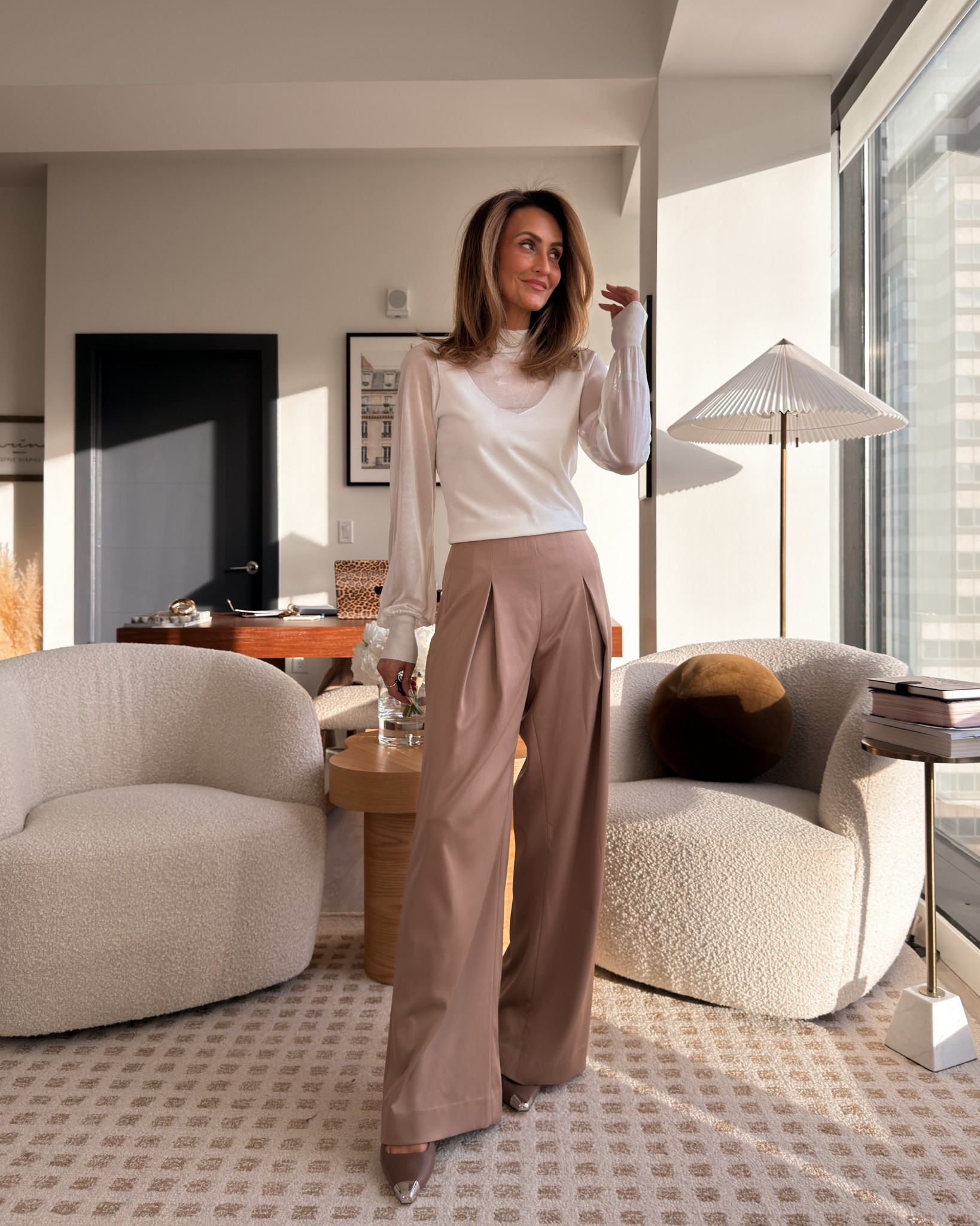 From desk to dinner holiday winter outfits Size small on top and 2 on pants, love the open pleat and flow I was of the pants! 

#LTKWorkwear #LTKHoliday #LTKSaleAlert