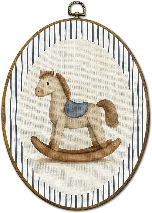 QZQE Vintage Horse Nursery Oval Wall Art Decor Framed, Kids Room Oval Canvas Prints, Classic Blue... | Amazon (US)