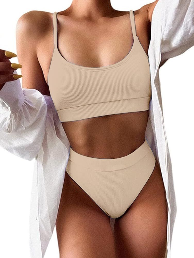 Lilosy Ribbed Tummy Control 2 Piece Swimsuit High Waisted Bikini Set Cheeky | Amazon (US)