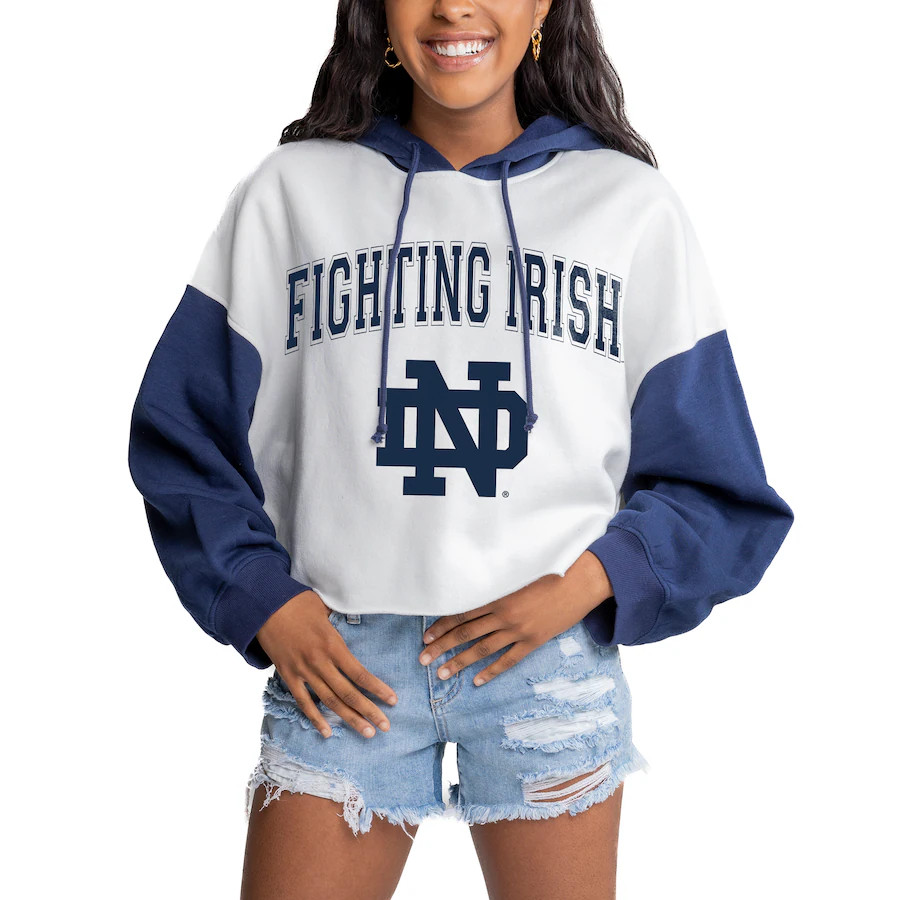 Notre Dame Fighting Irish Gameday Couture Women's Good Time Colorblocked Cropped Hoodie - Navy/Wh... | Fanatics