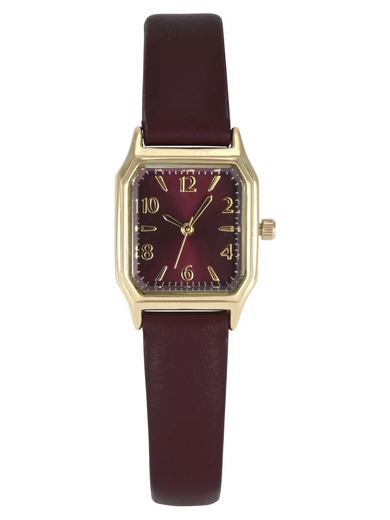 Time & Tru Ladies Goldtone Facet Cut Square Case with Burgundy PU Strap Watch | Walmart (US)