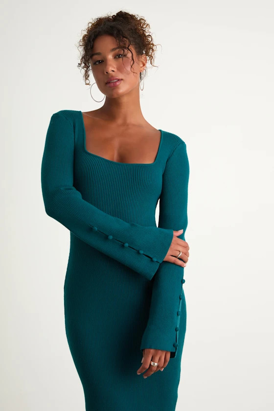 Classy Attitude Emerald Ribbed Square Neck Midi Sweater Dress | Lulus