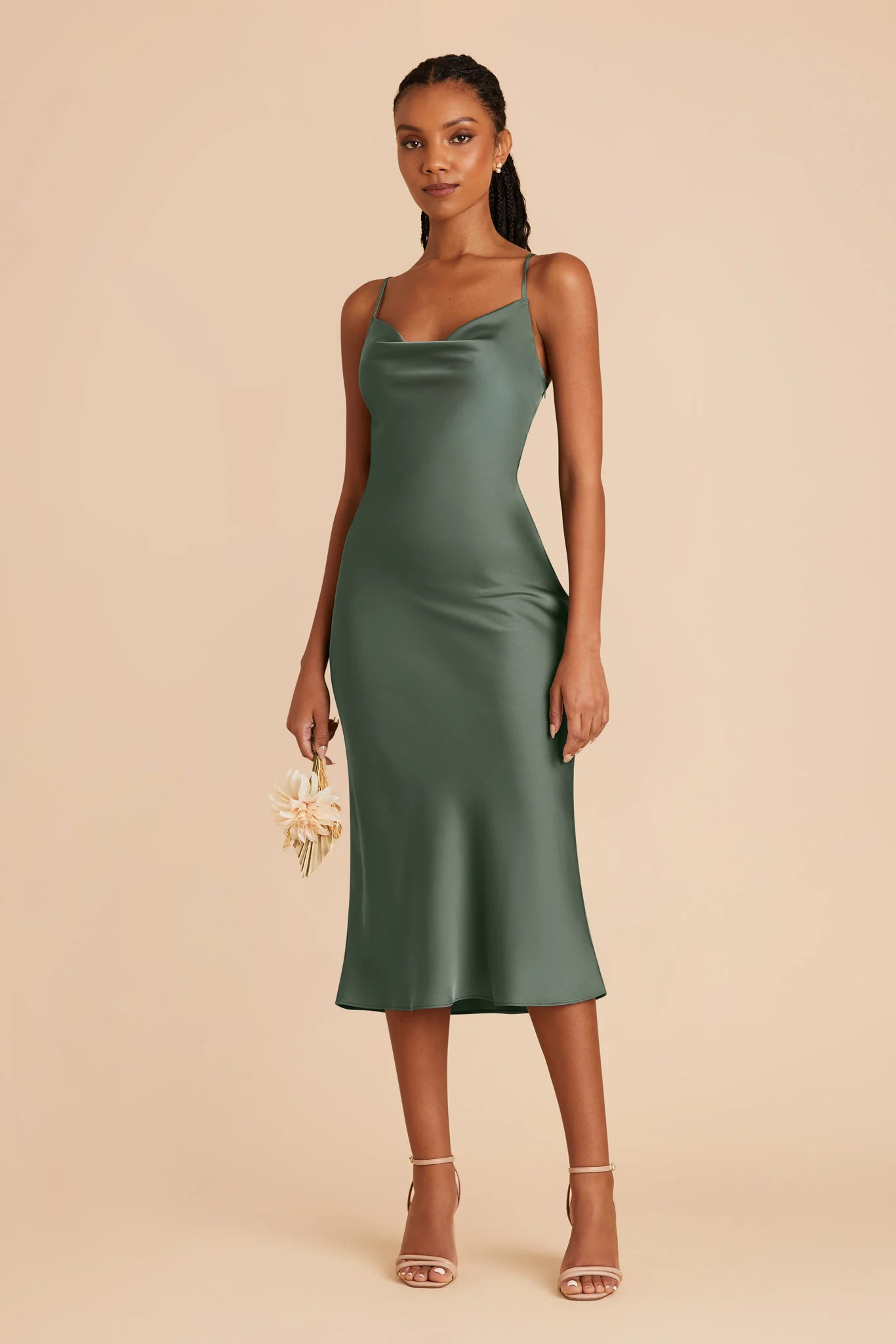 Lisa Matte Satin Cowl Neck Midi Slip Bridesmaid Dress in Eucalyptus | Birdy Grey | Birdy Grey