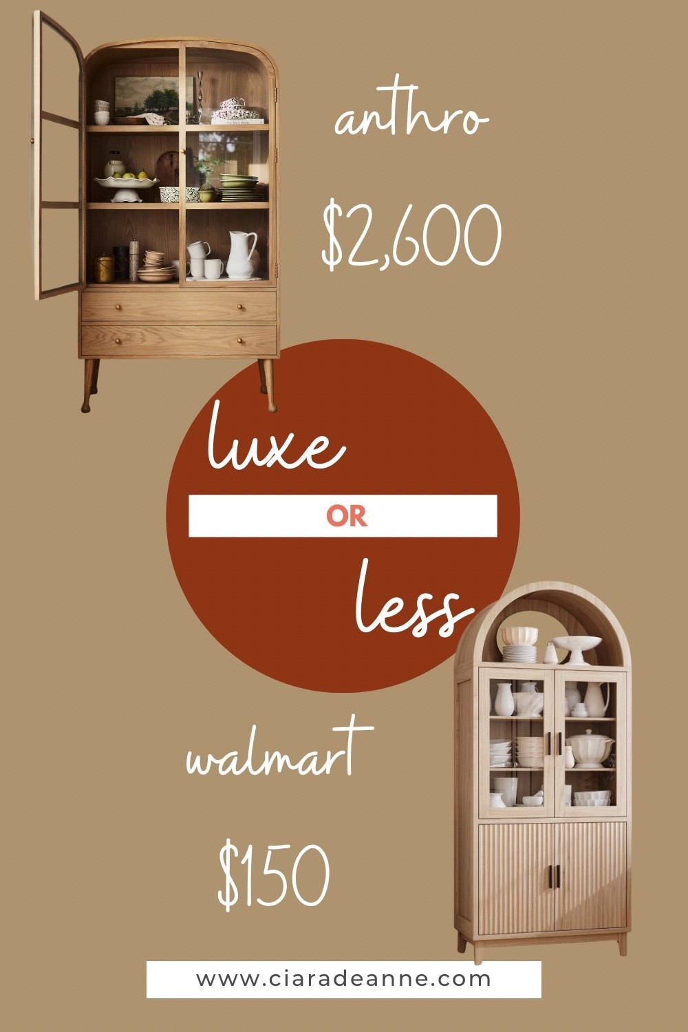 Looking for that dreamy designer hutch look without the hefty price tag? This "Luxe or Less" glass door hutch comparison shows how you can get the high-end Anthro style ($2,600) for a fraction of the price at Walmart ($150). Both are stunning, functional, and perfect for showcasing your favorite dishes or decor. Tap to see more affordable finds and budget-friendly home dupe ideas!

#LTKHome #LTKSaleAlert