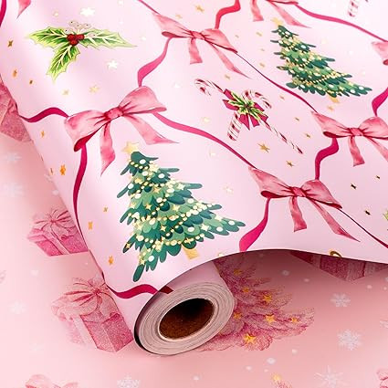 Yarcony Reversible Pink Christmas Wrapping Paper Roll, Girly Bows Wrapping Paper, Pink and Green ... | Amazon (US)
