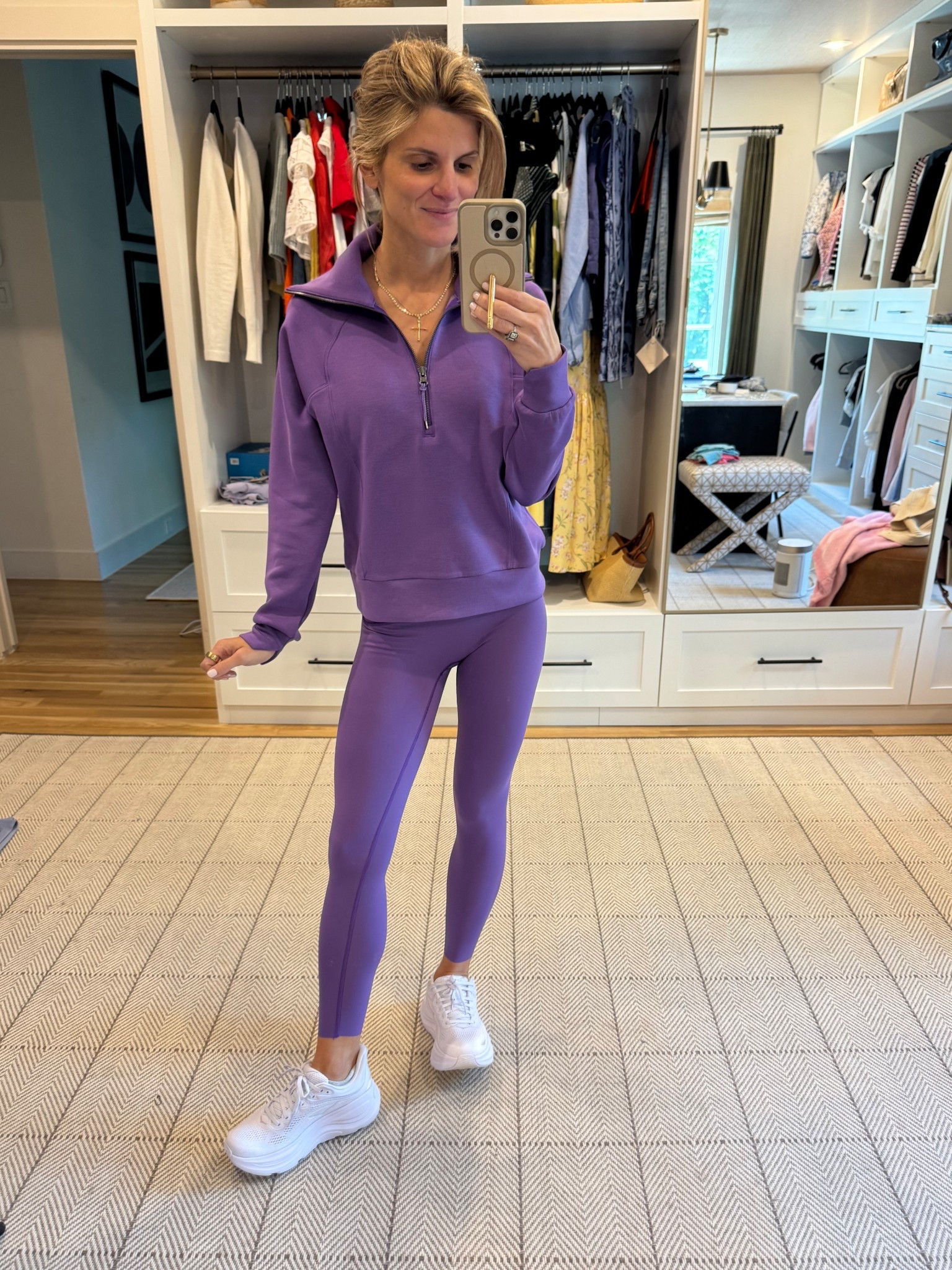 Wearing size XS in pullover and leggings. Leggings are TTS and have compression. 

Sneakers - TTS. 