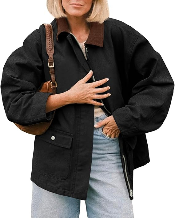 Tankaneo Womens Oversized Barn Jacket Zip Up Military Safari Jackets Fall Color Block Vintage Tre... | Amazon (US)