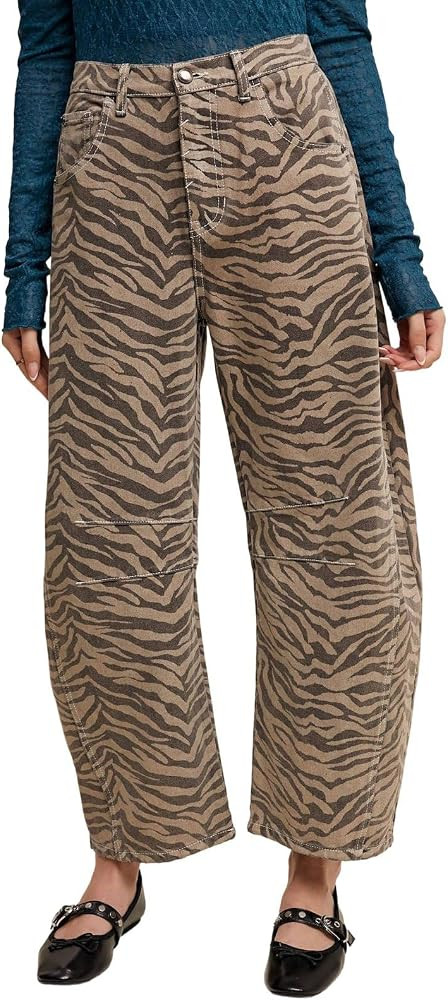 CHARTOU Women Y2k Barrel Jeans Baggy Zebra Print Denim Wide Leg Pants Cropped Cargo Jean Sweatpan... | Amazon (US)