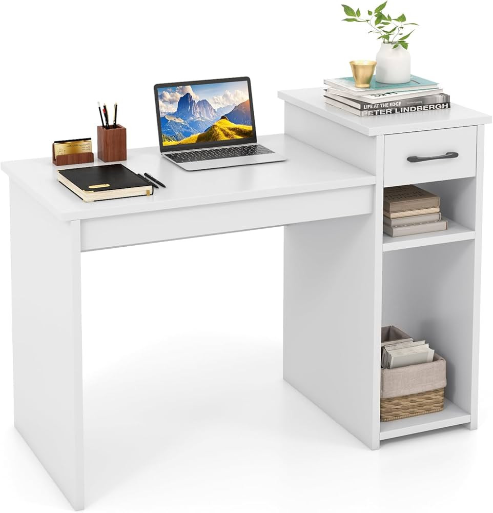 White Desk with Drawers, Modern Writing Desk with Open Storage Shelves, Wooden Study Work Desk fo... | Amazon (US)