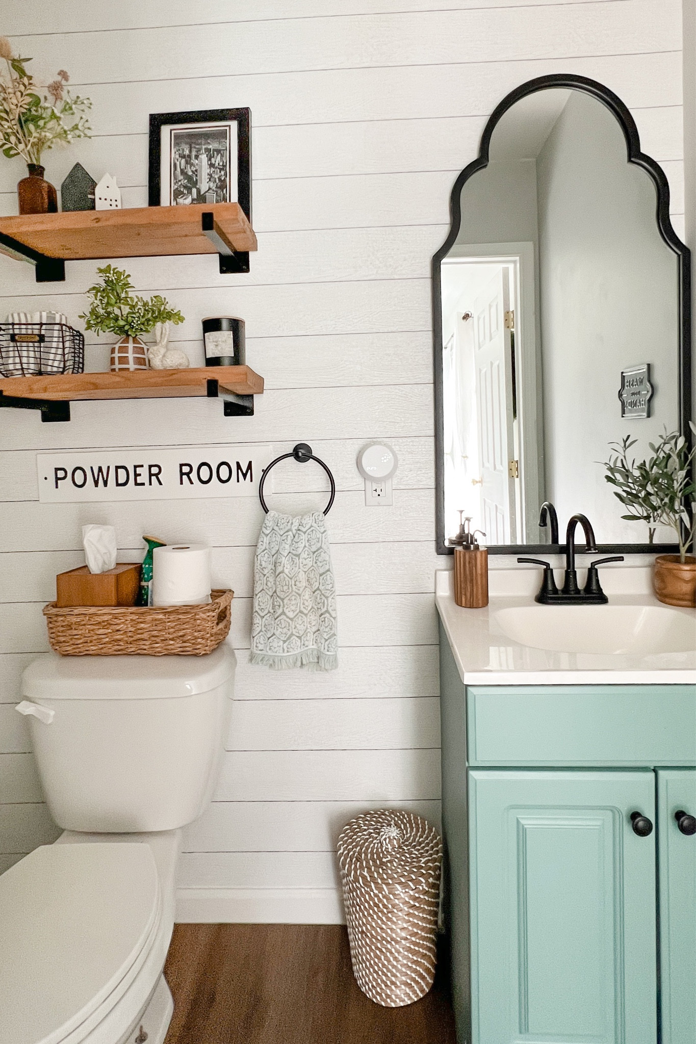 Our cute little farmhouse bathroom renovation! This shiplap is actually peel and stick wallpaper!!

bathroom decor, farmhouse bathroom, wood shelves, target decor, Shelf decor, floating shelves, Powder room 

#bathroomdecor #bathroominspo #powderroom #targetdecor #farmhousebathroom #targethomedecor #woodshelves #shelfdecor #neutraldecor #bathroominspiration #powderroom #smallbathroom#floatingshelves #farmhousedecor #targetstyle #targetfinds #hearthandhand #targethome #targetdecor #targethomedecor#LTKunder50 

#LTKhome #LTKstyletip
https://liketk.it/3DLwl

#LTKCyberWeek #LTKHoliday #LTKSeasonal