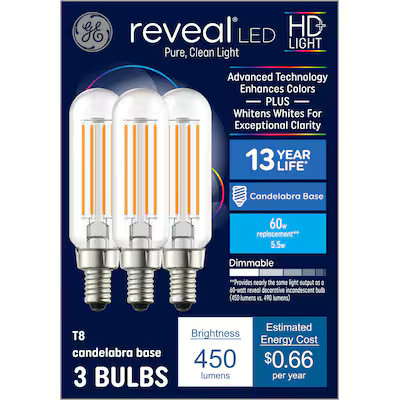 GE 60-Watt EQ T8 Color-enhancing Candelabra Base (e-12) Dimmable LED Decorative Light Bulb (3-Pac... | Lowe's