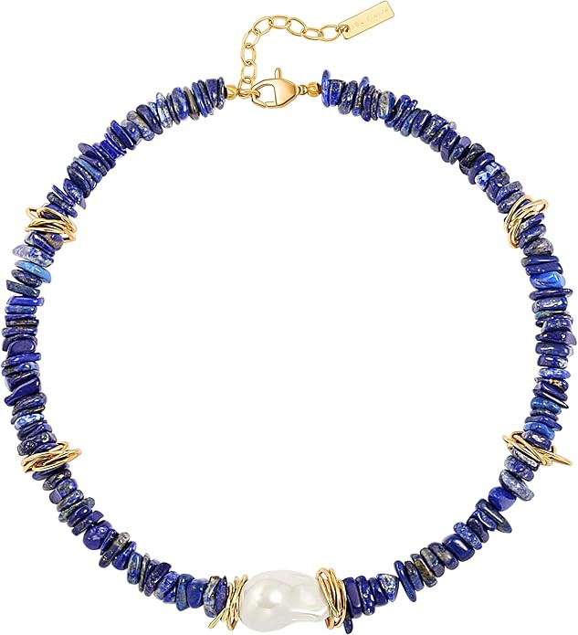 Chunky Statement Stone Beaded Necklace, Big Baroque Pearl Gold Choker, Trendy Boho Colorful Stone... | Amazon (US)